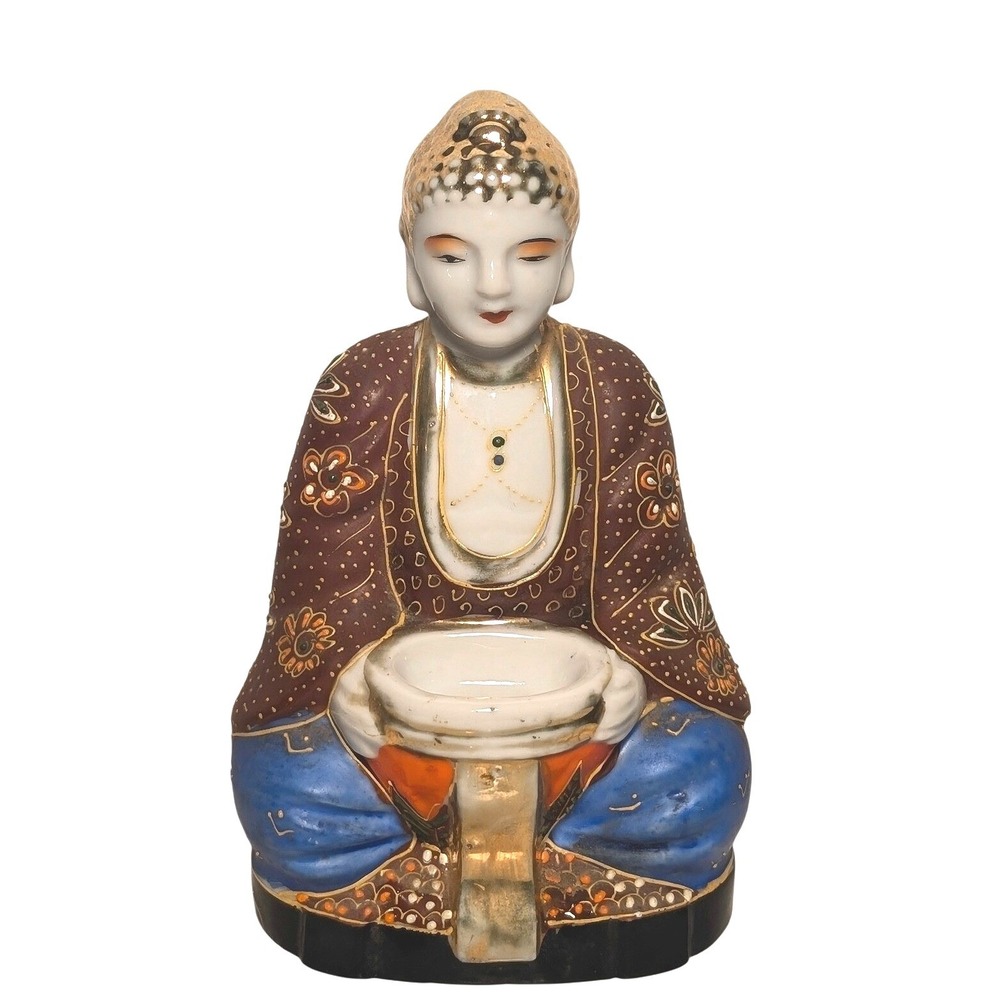 Vintage 1940s Moriage Porcelain Altar Buddha Figurine Incense Burner Made Japan